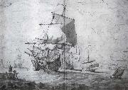 Monamy, Peter A two-decker man-o-war shortening sail seen from the port bow other craft lightly pencilled in the background Spain oil painting artist
